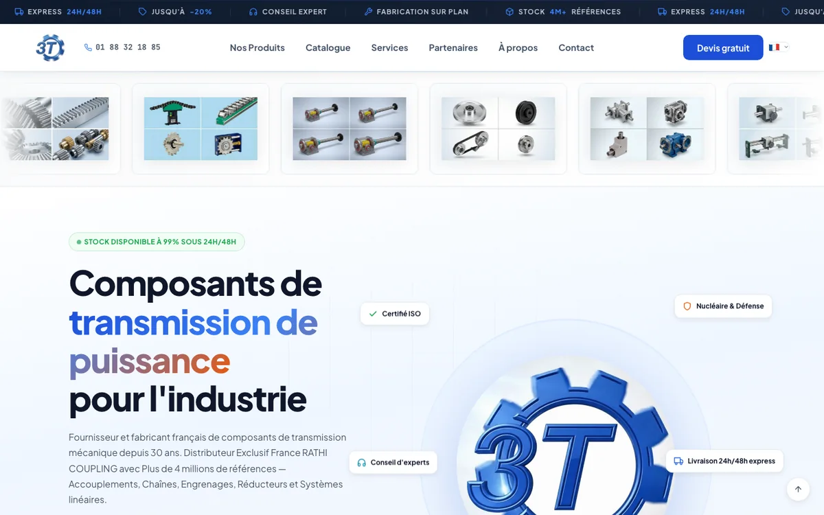 Site 3 Transmissions : bandeau de réassurance, catalogue de six catégories et bouton de devis gratuit.