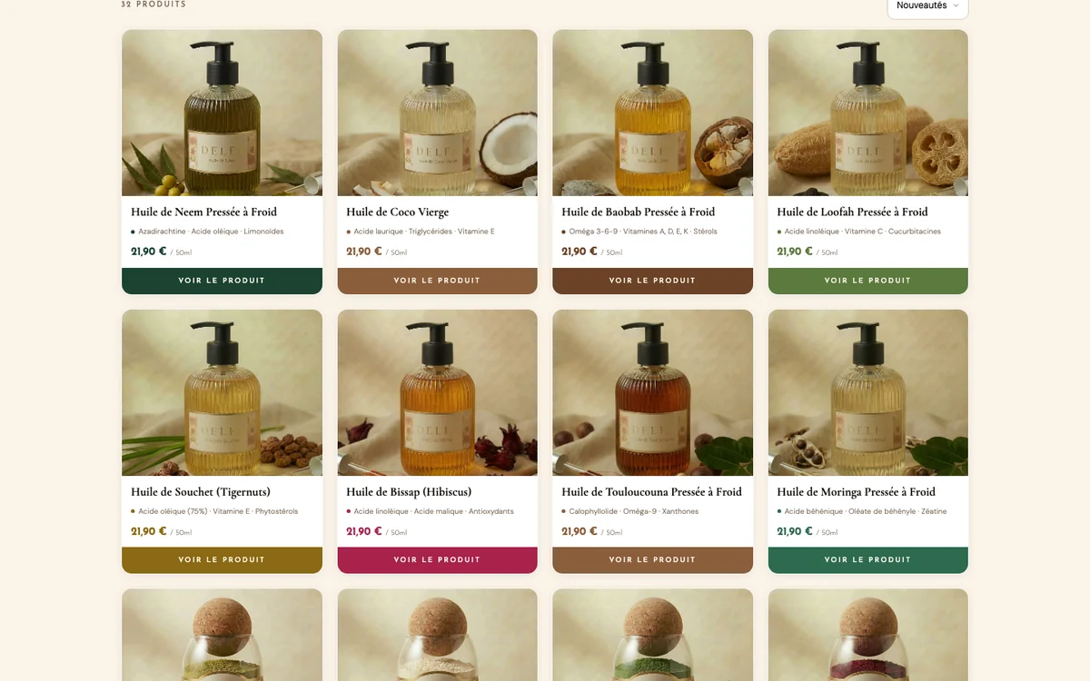 Catalogue de delfa.africa : les huiles pressées à froid, chacune avec ses actifs, son prix et son bouton d'achat.