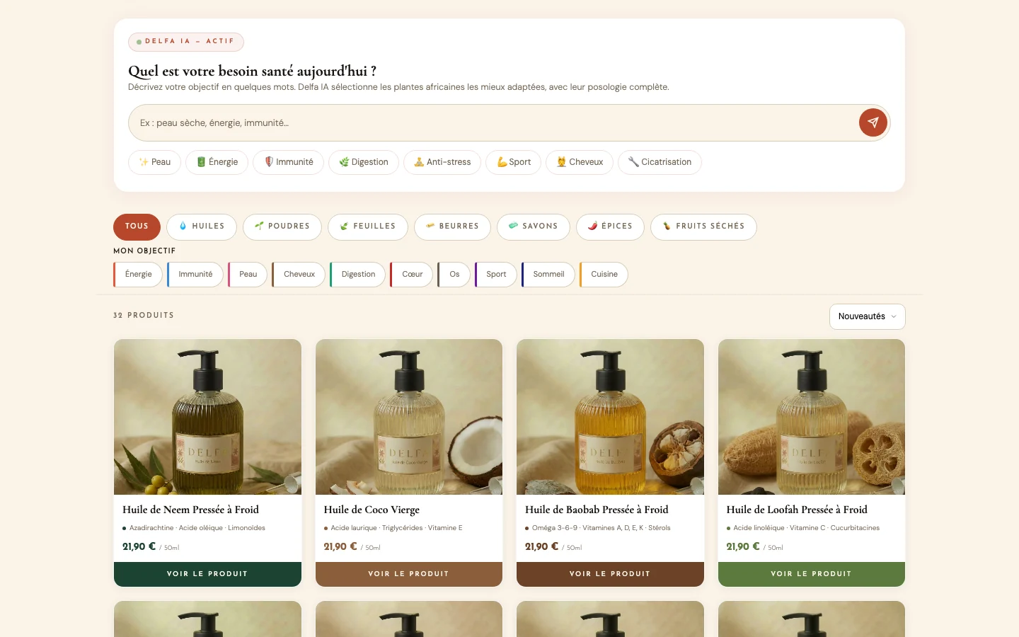 Page boutique de delfa.africa : le module Delfa IA en haut, où le visiteur décrit son besoin, puis le catalogue des huiles pressées à froid.