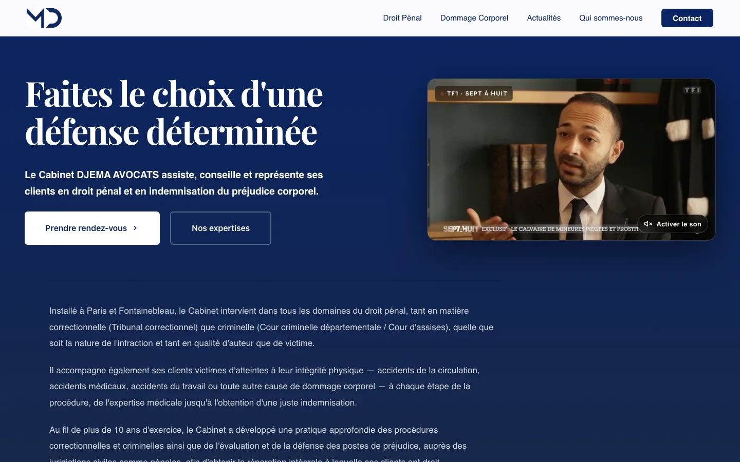 Page d'accueil de djema-avocats.com : titre du cabinet, extrait vidéo d'un passage télévisé et bouton de prise de rendez-vous.