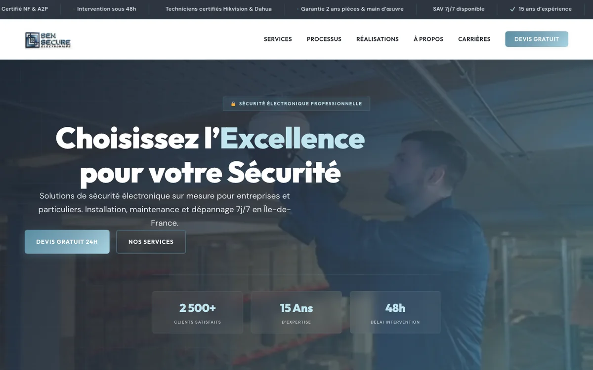 Site SEN SECURE, sécurité électronique en Île-de-France, avec bandeau de certifications et demande de devis.